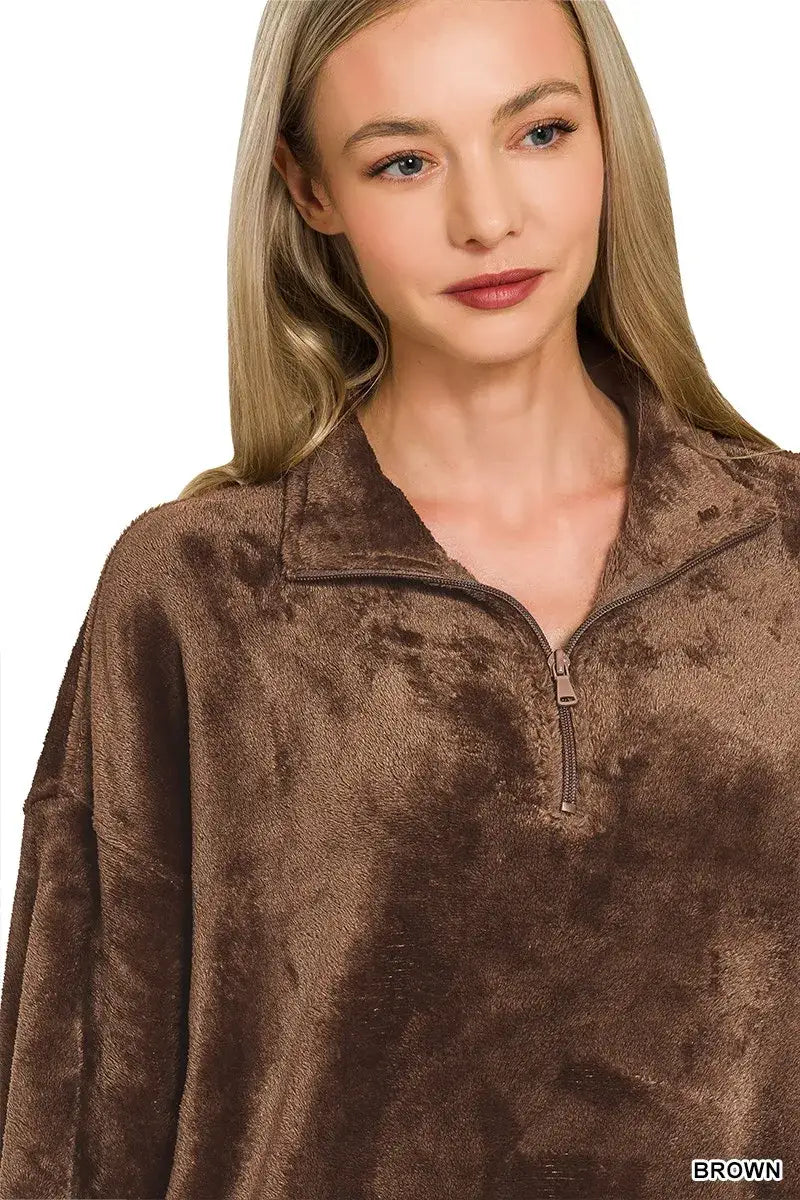 Zenana Faux Fur Half Zip Pocket Pullover