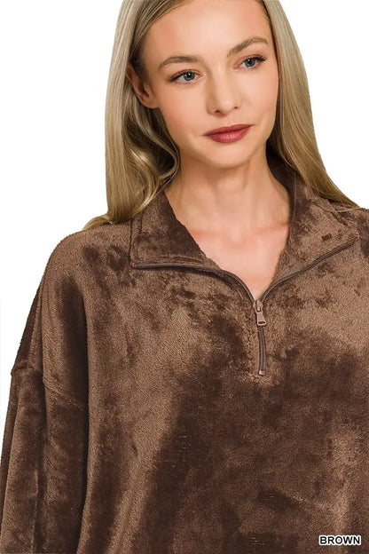 Zenana Faux Fur Half Zip Pocket Pullover