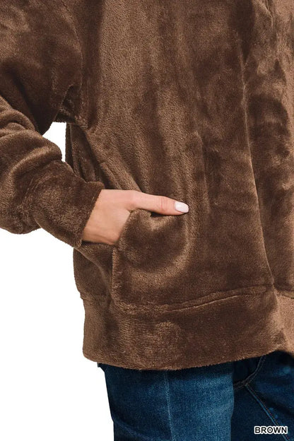 Zenana Faux Fur Half Zip Pocket Pullover