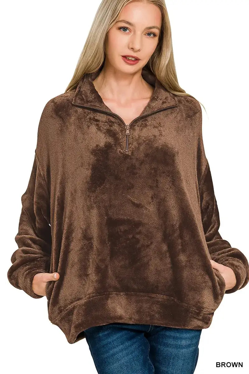 Zenana Faux Fur Half Zip Pocket Pullover - BROWN / S