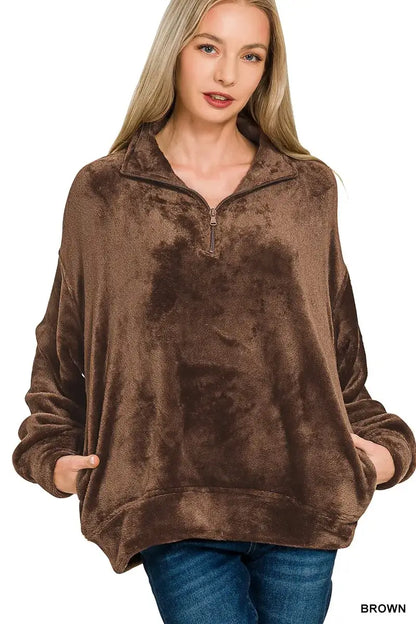 Zenana Faux Fur Half Zip Pocket Pullover - BROWN / S