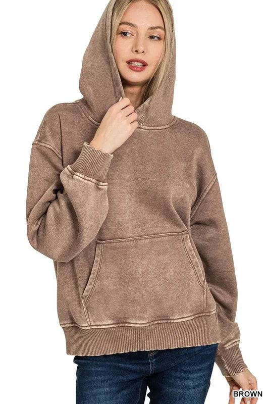Zenana Fleece Acid Wash Kangaroo Pocket Hoodie - BROWN / S - Kangaroo Pocket Hoodie