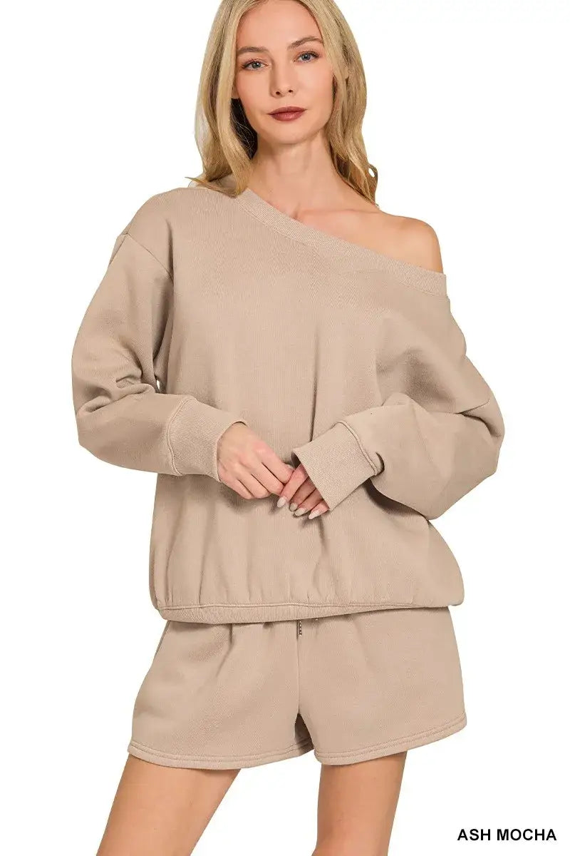 Zenana Fleece Boat Neck Sweatshirt and Shorts Set - ASH MOCHA / S