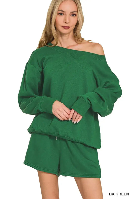 Zenana Fleece Boat Neck Sweatshirt and Shorts Set - DK GREEN / S