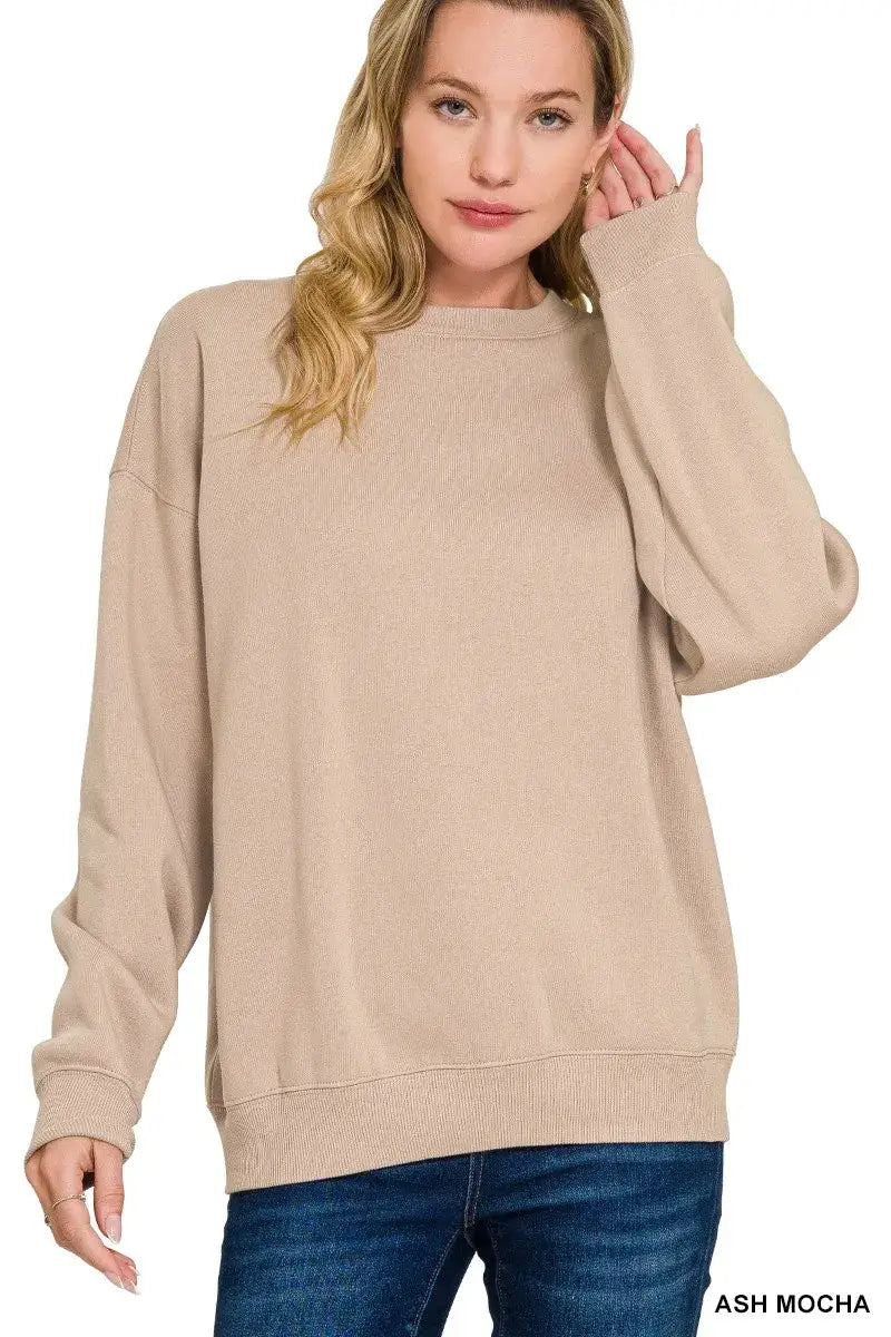 Zenana Fleece Crewneck Long Sleeve Sweatshirt - ASH MOCHA / S - Long Sleeve Sweatshirt