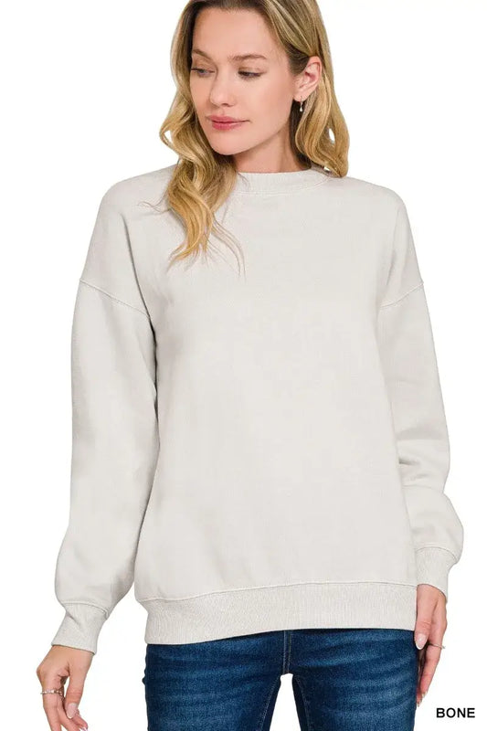 Bone color fleece crewneck sweatshirt with pocket, ribbed cuffs, and hem from Zenana
