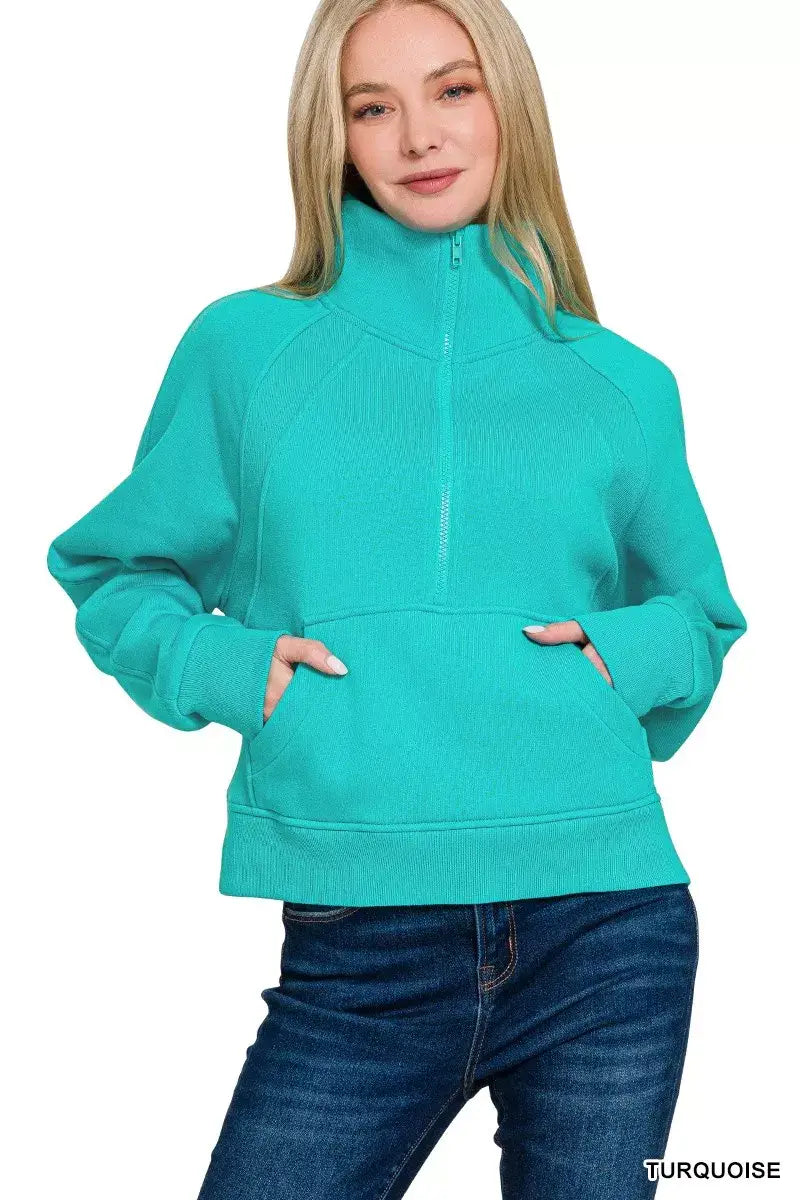 Zenana Fleece Half Zip Kangaroo Pocket Sweatshirts - Kangaroo Pocket Sweatshirts