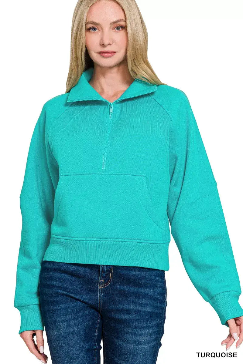 Zenana Fleece Half Zip Kangaroo Pocket Sweatshirts - TURQUOISE / S - Kangaroo Pocket Sweatshirts
