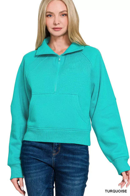 Zenana Fleece Half Zip Kangaroo Pocket Sweatshirts - TURQUOISE / S - Kangaroo Pocket Sweatshirts
