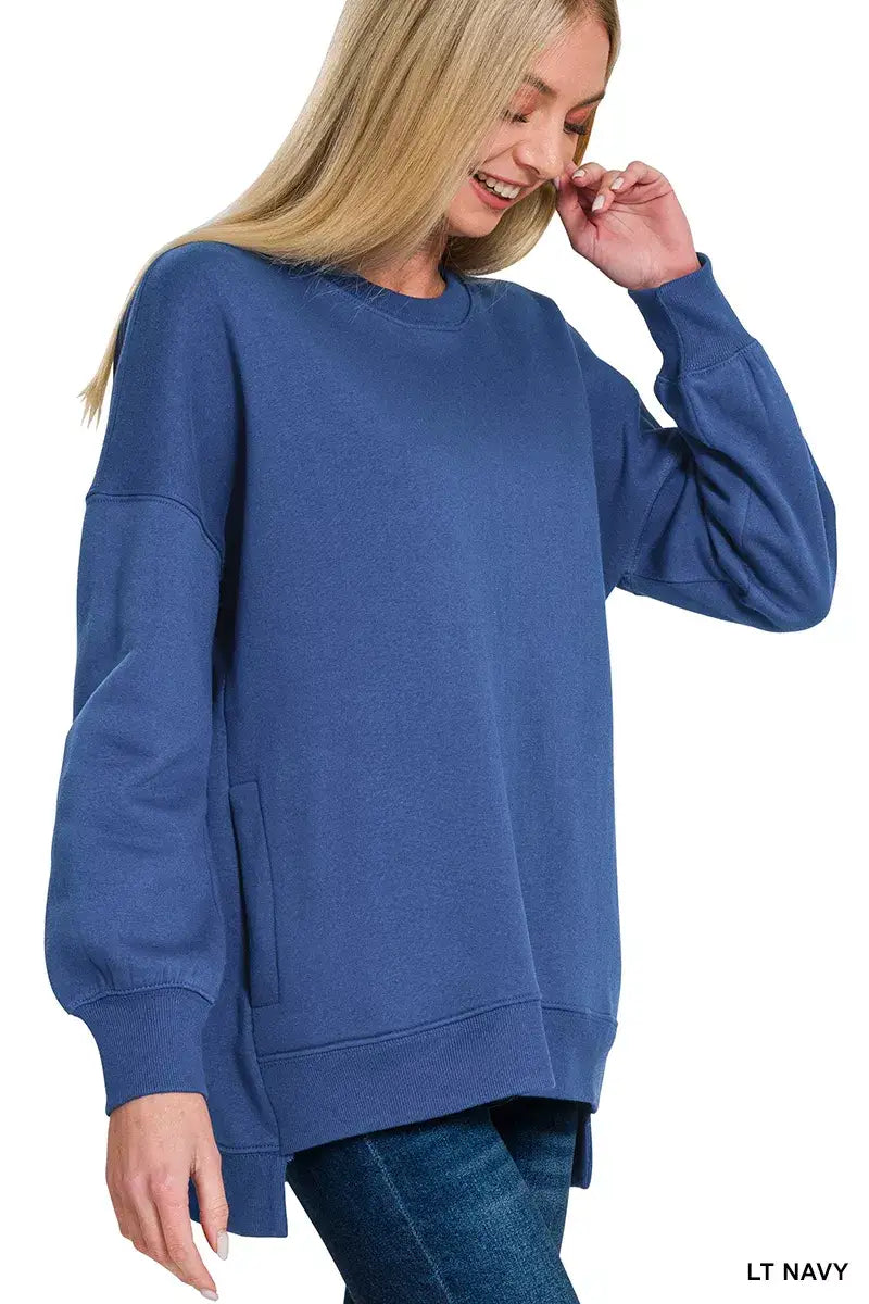 Zenana Fleece Hi-low Boyfriend Sweatshirts with Pockets - Sweatshirts with Pockets