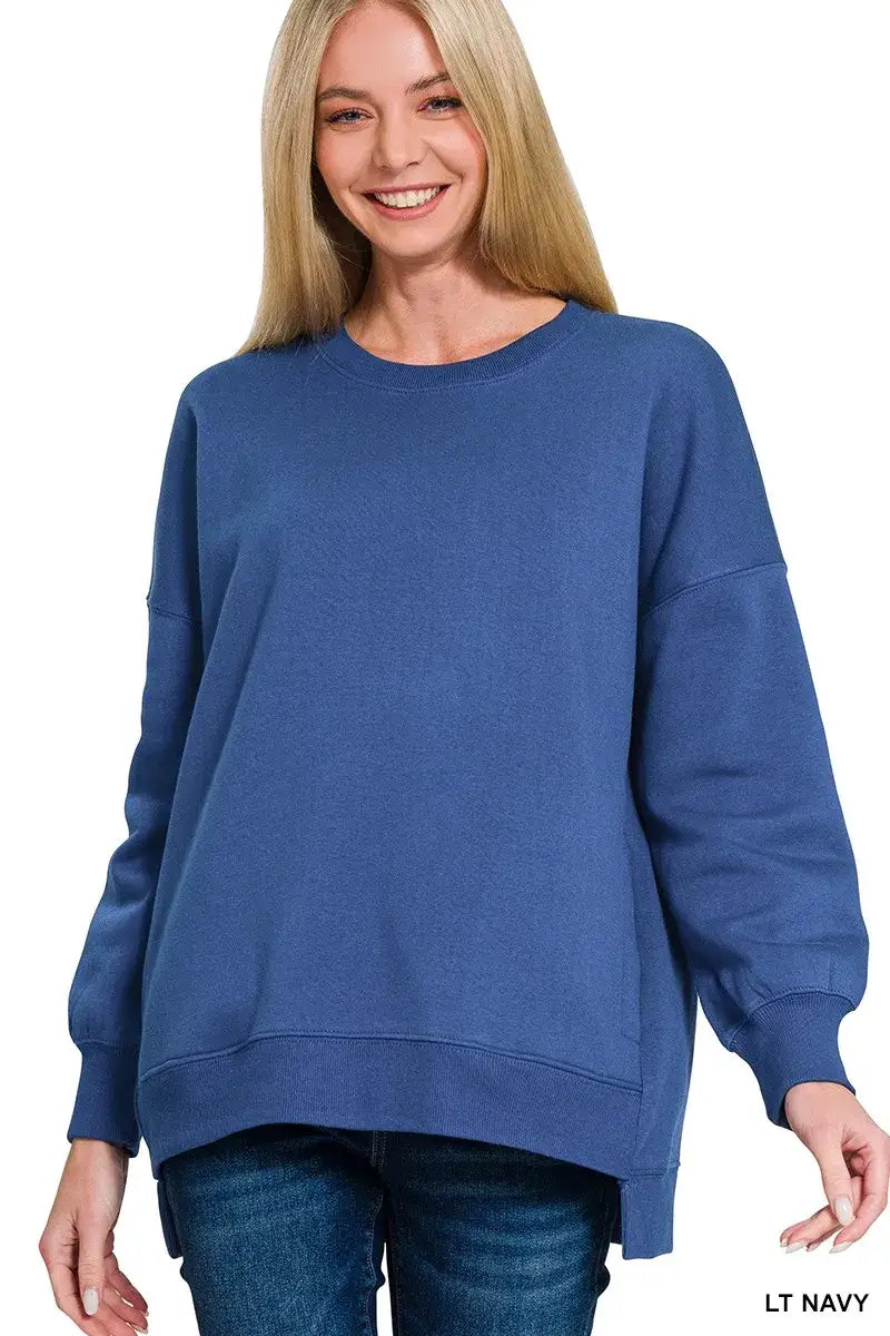 Zenana Fleece Hi-low Boyfriend Sweatshirts with Pockets - LT NAVY / S - Sweatshirts with Pockets