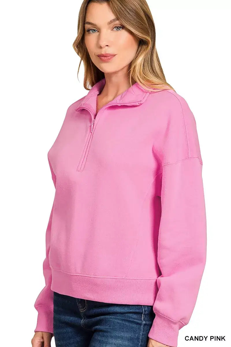 Zenana Fleece High Neck Half Zip Sweatshirt