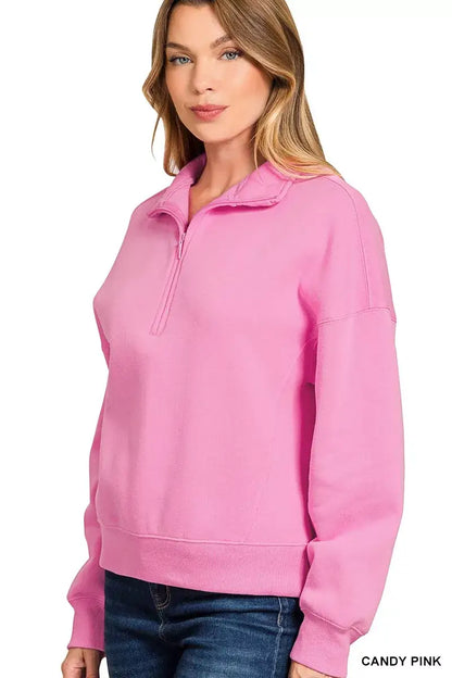 Zenana Fleece High Neck Half Zip Sweatshirt