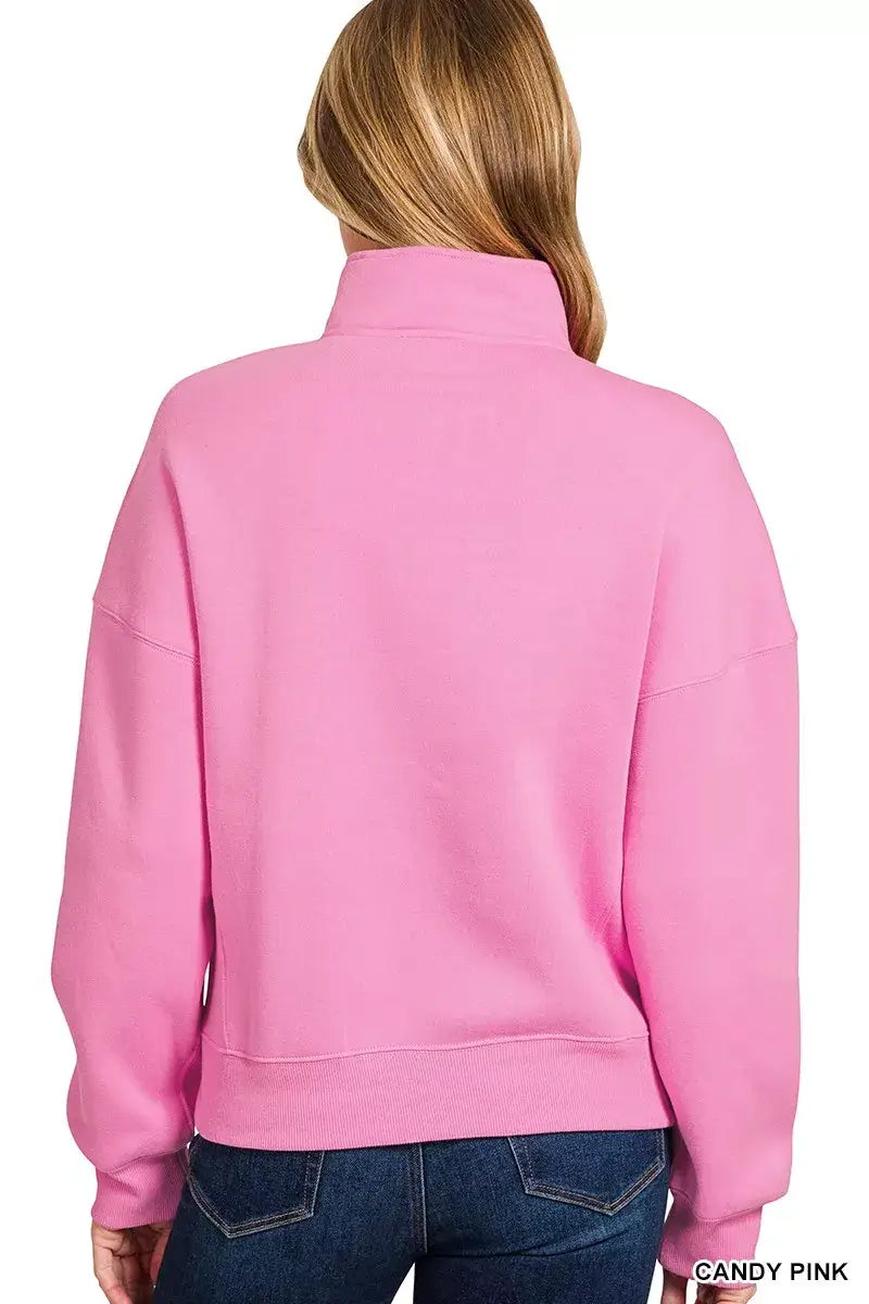Zenana Fleece High Neck Half Zip Sweatshirt