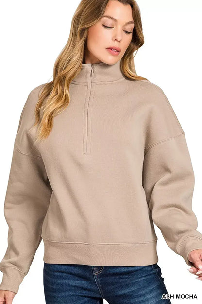 Zenana Fleece High Neck Half Zip Sweatshirt - Half Zip Sweatshirt