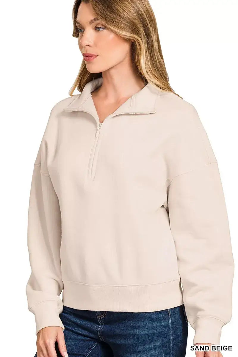 Zenana Fleece High Neck Half Zip Sweatshirt