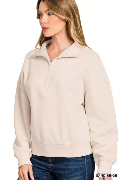 Zenana Fleece High Neck Half Zip Sweatshirt