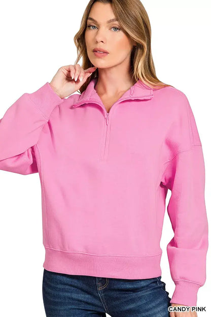 Zenana Fleece High Neck Half Zip Sweatshirt