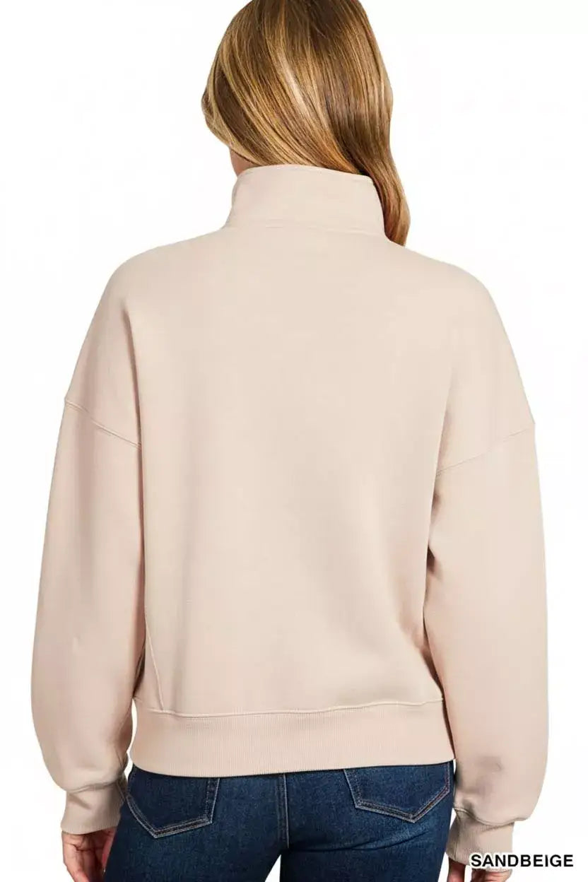 Zenana Fleece High Neck Half Zip Sweatshirt