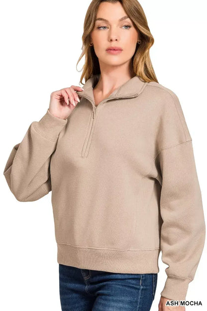 Zenana Fleece High Neck Half Zip Sweatshirt - Half Zip Sweatshirt