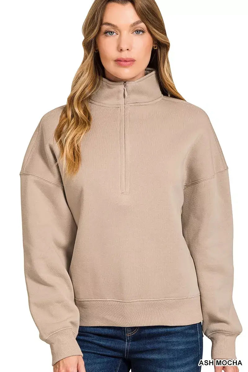 Zenana Fleece High Neck Half Zip Sweatshirt - ASH MOCHA / S - Half Zip Sweatshirt