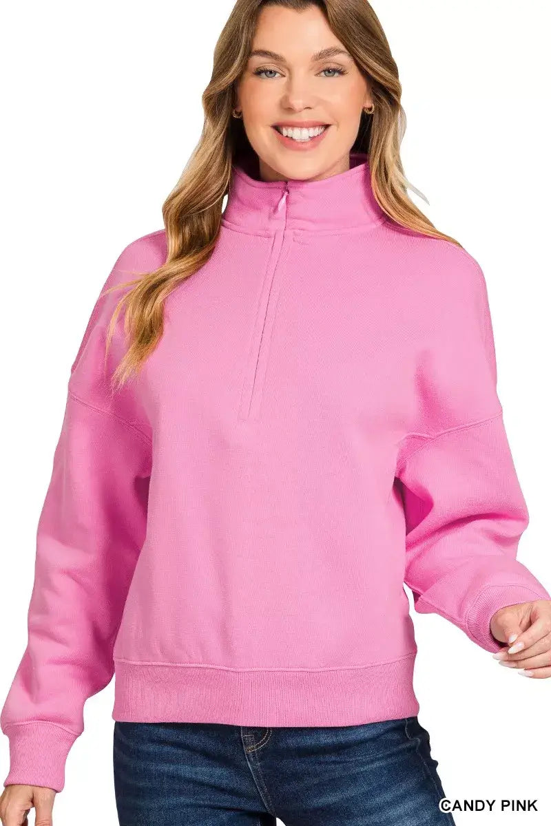 Zenana Fleece High Neck Half Zip Sweatshirt - CANDY PINK / S