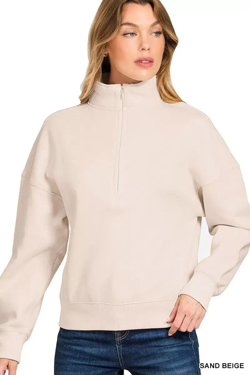 Zenana Fleece High Neck Half Zip Sweatshirt - SAND BEIGE / S