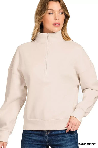 Zenana Fleece High Neck Half Zip Sweatshirt - SAND BEIGE / S