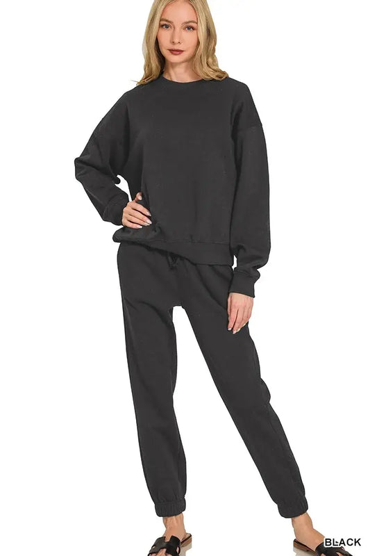 Zenana Fleece Long Sleeve Pullover & Jogger Set - BLACK / S