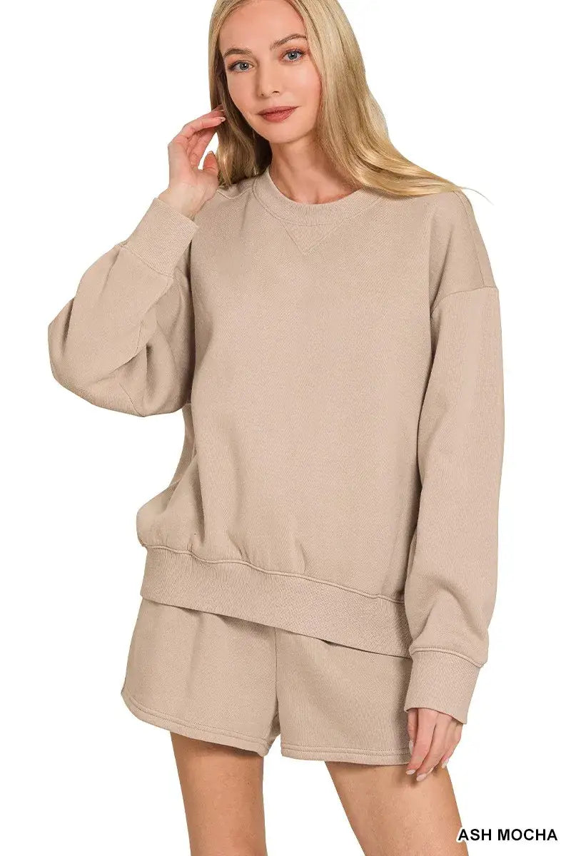 Zenana Fleece Long Sleeve Sweatshirts & Shorts Set