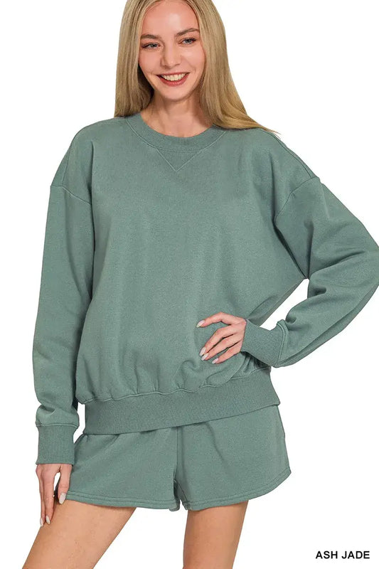 Zenana Fleece Long Sleeve Sweatshirts & Shorts Set - ASH JADE / S