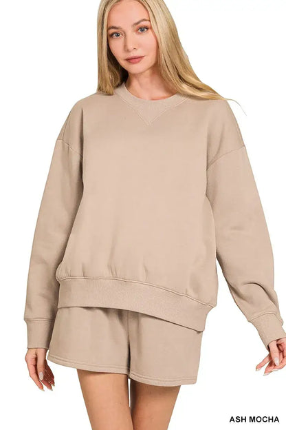 Zenana Fleece Long Sleeve Sweatshirts & Shorts Set - ASH MOCHA / S