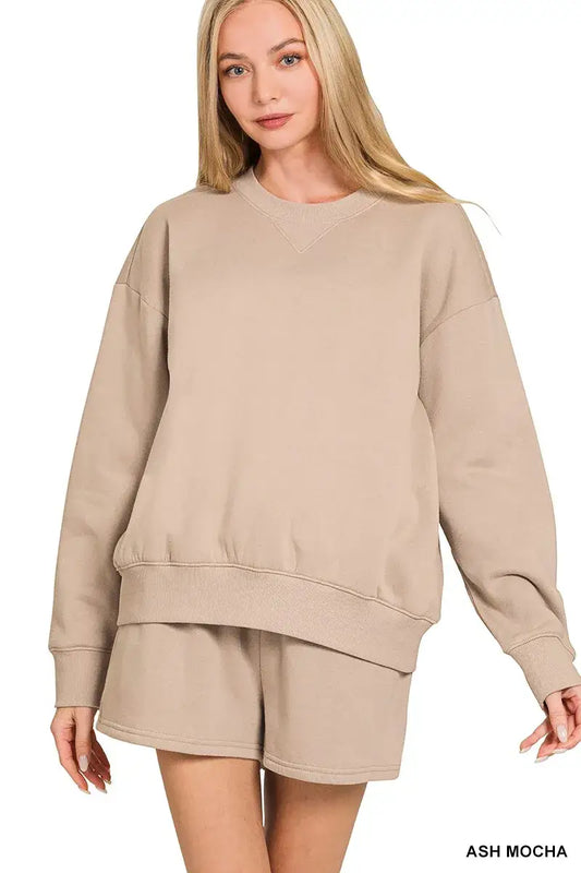 Zenana Fleece Long Sleeve Sweatshirts & Shorts Set - ASH MOCHA / S