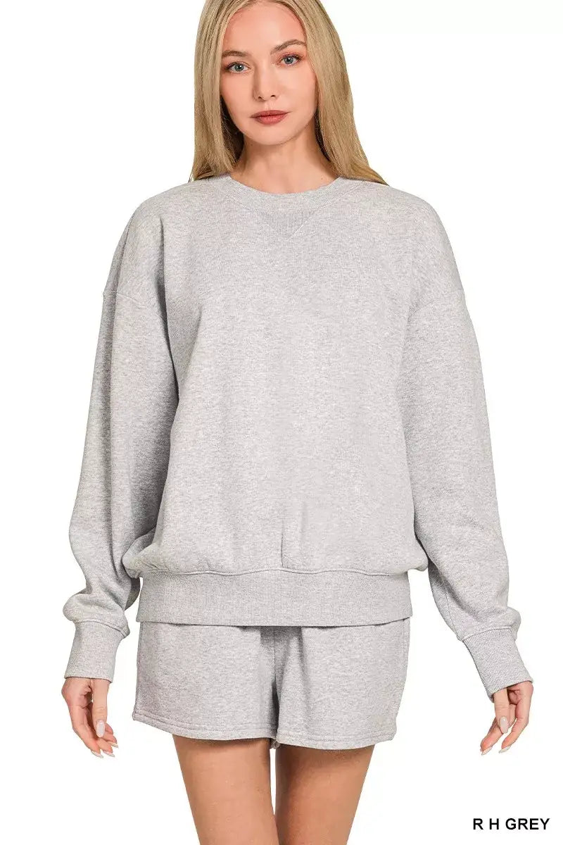 Zenana Fleece Long Sleeve Sweatshirts & Shorts Set - R H GREY / S