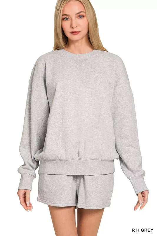 Zenana Fleece Long Sleeve Sweatshirts & Shorts Set - R H GREY / S