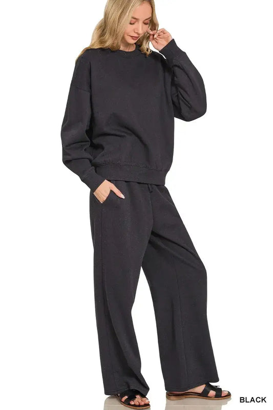 Zenana Fleece Long Sleeve Top and Sweatpants Set - BLACK / S - Sleeve Top and Sweatpants Set