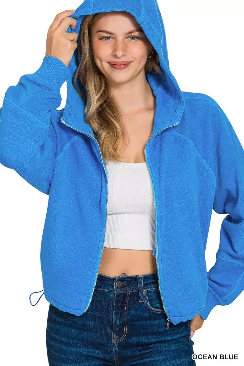 Zenana Fleece Pigment Dye Zip Up Hoodie with Pockets