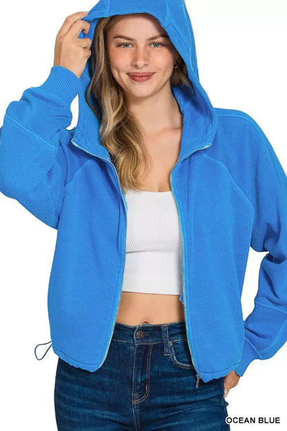 Zenana Fleece Pigment Dye Zip Up Hoodie with Pockets