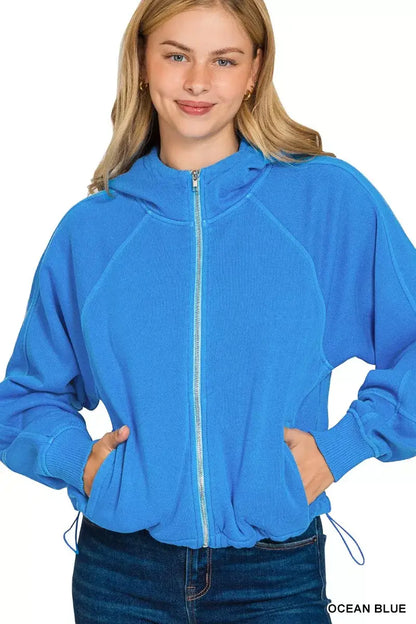 Zenana Fleece Pigment Dye Zip Up Hoodie with Pockets - OCEAN BLUE / S