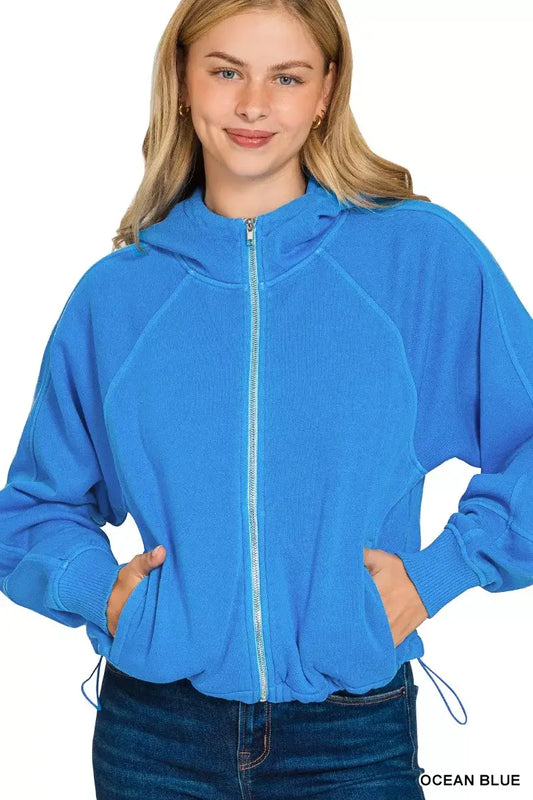 Zenana Fleece Pigment Dye Zip Up Hoodie with Pockets - OCEAN BLUE / S