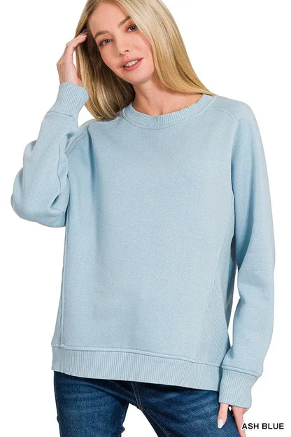 Zenana Fleece Round Neck Ribbed Side Raglan Sweatshirt - Sweatshirt