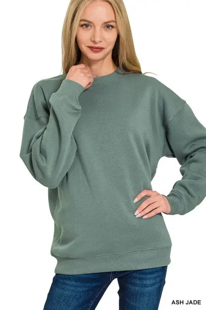 Zenana Fleece Round Neck Sweatshirts - ASH JADE / S - Neck Sweatshirts