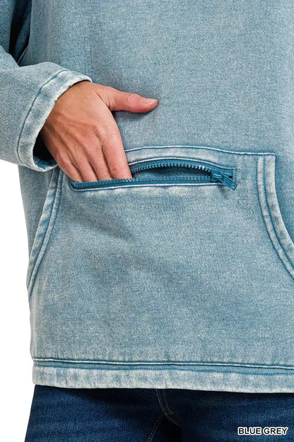 Zenana Fleece Washed High Neck Kangaroo Pocket Sweatshirt