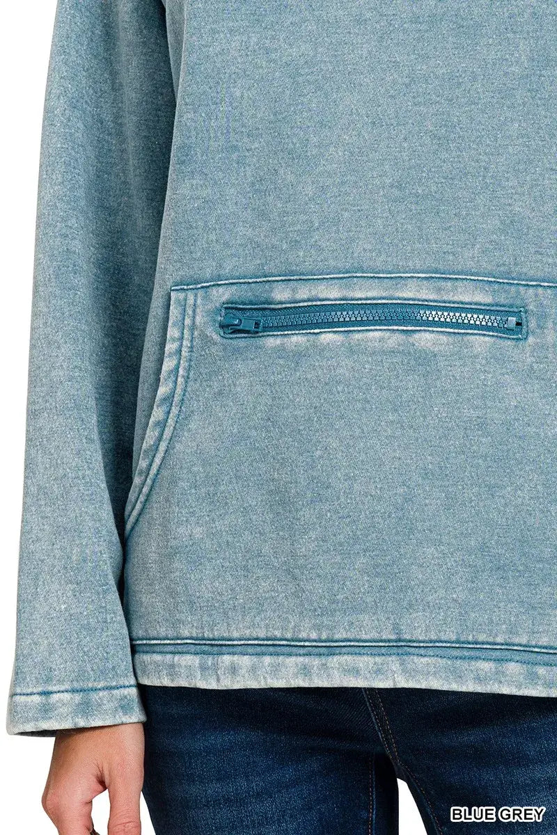 Zenana Fleece Washed High Neck Kangaroo Pocket Sweatshirt