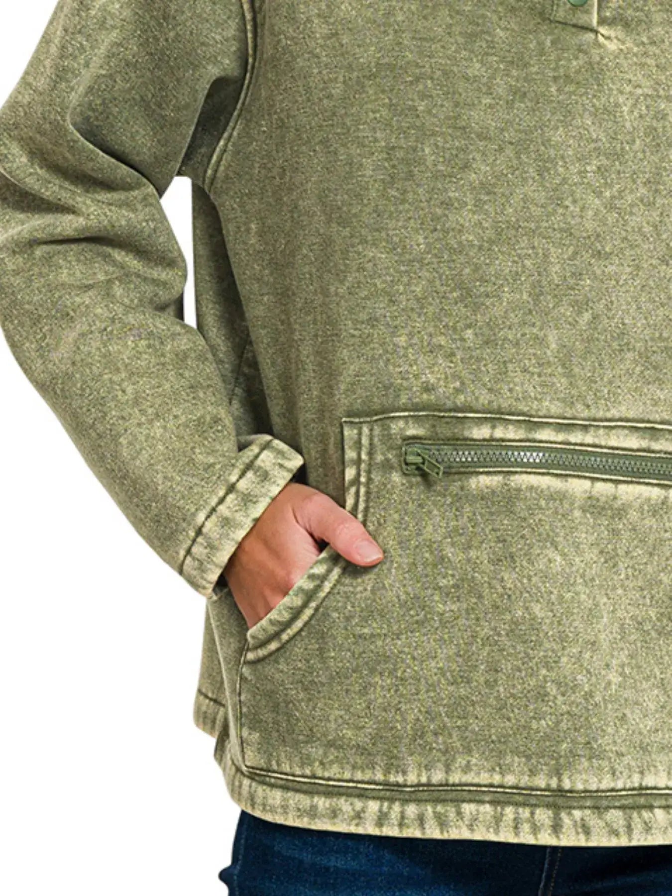 Zenana Fleece Washed High Neck Kangaroo Pocket Sweatshirt