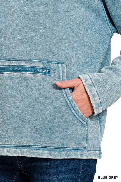 Zenana Fleece Washed High Neck Kangaroo Pocket Sweatshirt