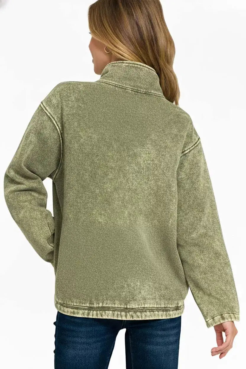 Zenana Fleece Washed High Neck Kangaroo Pocket Sweatshirt