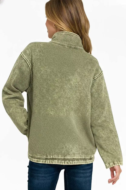 Zenana Fleece Washed High Neck Kangaroo Pocket Sweatshirt