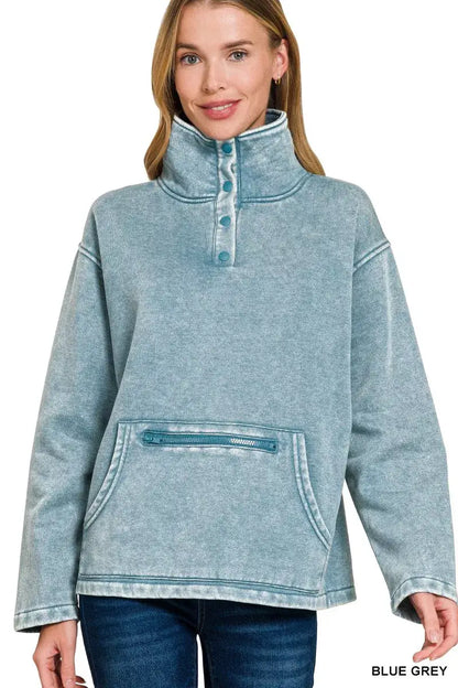 Zenana Fleece Washed High Neck Kangaroo Pocket Sweatshirt - BLUE GREY / S