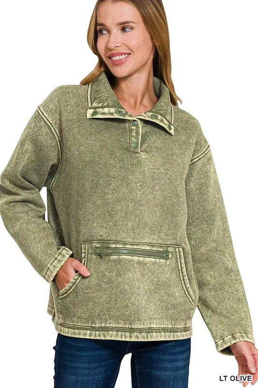 Zenana Fleece Washed High Neck Kangaroo Pocket Sweatshirt - LT OLIVE / S